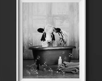 Cow in a Bathtub, Cow Taking a Bath, Bathroom Art, Cow Bathing, Whimsy Animal, Funny Bathroom Wall Art, Animal Art, Highland Cow, Buffalo