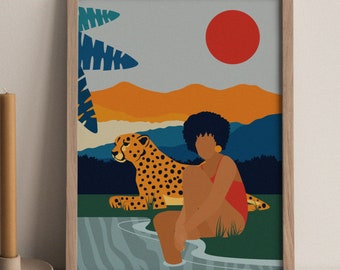 Leopard Art Print, Cheetah Print, Safari Animal Illustration, Jungle Animal Print, Botanical Wall Art, Black Woman, Black Art, Abstract
