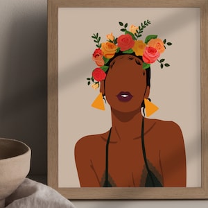 Flower Girl Wall Art, Botanical Print, Black Woman Wall Art, African American Print, Flowers Print, Black Girl Wall Art, No Instant Download