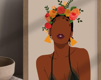 Arte mural de niña de las flores, impresión botánica, arte mural de mujer negra, impresión afroamericana, impresión de flores, arte mural de niña negra, sin descarga instantánea