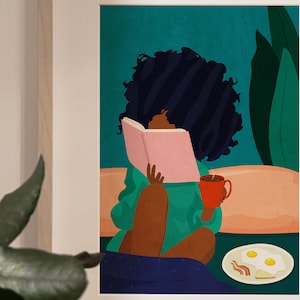 Black Woman Art, Book Art, Natural Hair, Reading, Studying Poster, Breakfast, Black Art, College, Melanin, Bedroom Art, Gift for Her