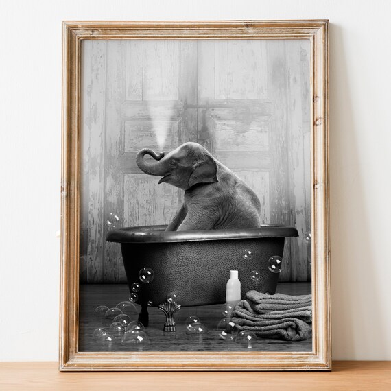 Baby Elephant Bathtub Bathroom Art Black And White Baby Etsy