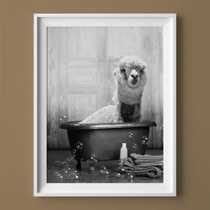Llama Bathtub Art Print, Llama Bathing, Llama Bath Wall Art SHIPPED Ready-to-frame Print, Woodland Animals, Farm Print, Zoo Print, Poster