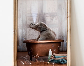 Baby Elephant Bathtub, Bathroom Art, Nursery Poster, Baby Elephant Bathing, Bathroom Wall Art, Baby Animal Art, Woodland Animals, Zoo Print