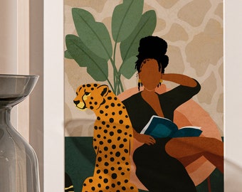 Impresión de arte de leopardo, impresión de guepardo, ilustración de animales de Safari, impresión de animales de la selva, arte de pared botánico, mujer negra, arte negro, abstracto