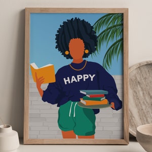 African Woman Art, Black Woman Art, College, Student, Woman Reading Book, Black Girl Art Print, Printable, Dorm, Boho Art Print, Wall Art