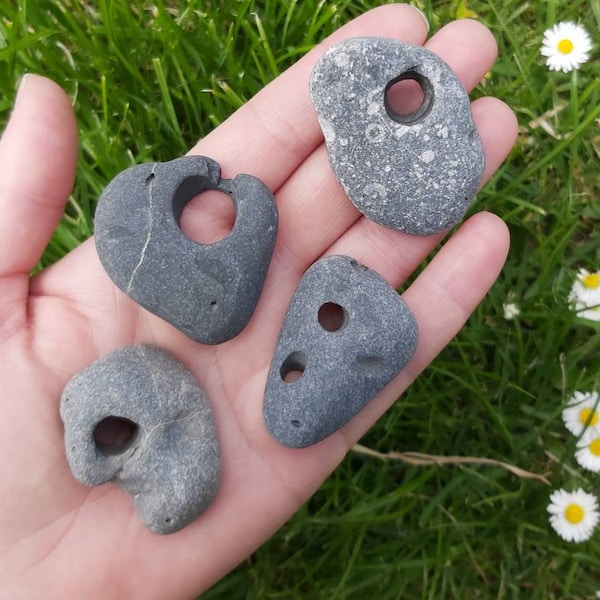 4 Irish Hag Stones (Medium), Holey Stone, Adder Stone, Odin Stone, Witch Stone, Donut necklace, Celtic Stone, Irish Gifts, Hagstone.