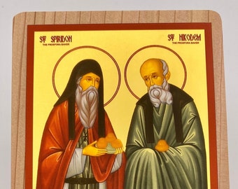 Conjunto de ícones artesanais: Santos Spyridon e Nicodemos, Padeiros de Prosphora