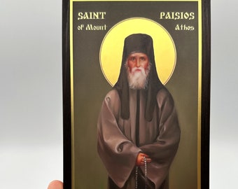 Icono de San Paisios del Monte Athos. Icono cristiano ortodoxo hecho a mano. Conjunto educativo.