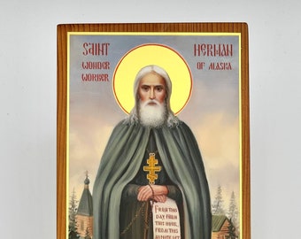 Icono de San Herman de Alaska y folleto educativo