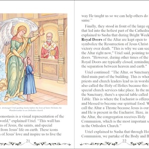 Pode incluir: Ilustra&ccedil;&atilde;o de um anjo guiando uma menina diante de um &iacute;cone. O anjo veste uma t&uacute;nica dourada e verde com grandes asas brancas. A menina usa um vestido azul. O texto descreve o icon&oacute;stase e as Portas Reais.
