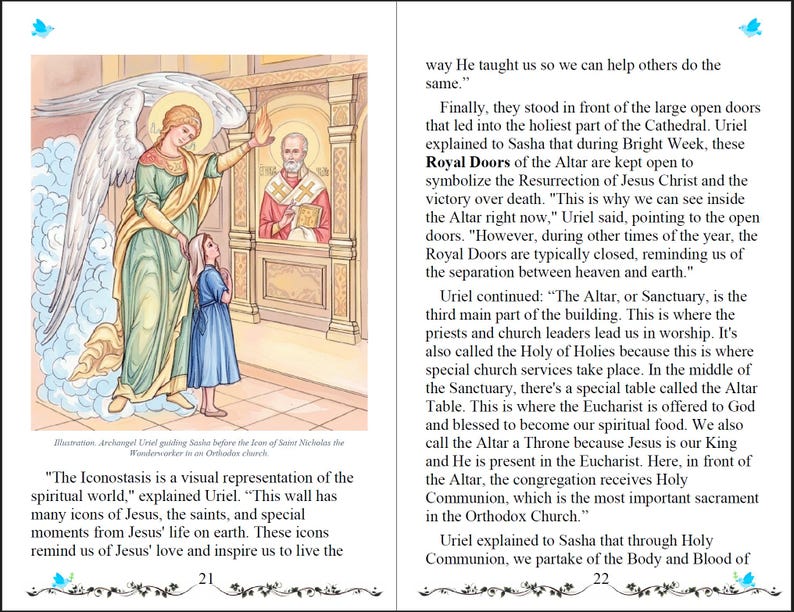 Pode incluir: Ilustra&ccedil;&atilde;o de um anjo guiando uma menina diante de um &iacute;cone. O anjo veste uma t&uacute;nica dourada e verde com grandes asas brancas. A menina usa um vestido azul. O texto descreve o icon&oacute;stase e as Portas Reais.