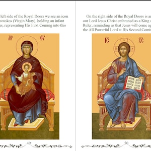 Pode incluir: Dois &iacute;cones religiosos em p&aacute;ginas opostas. O &iacute;cone da esquerda retrata a Virgem Maria segurando o menino Jesus. O &iacute;cone da direita mostra Jesus Cristo entronizado. Ambas as figuras est&atilde;o sentadas em cadeiras ornamentadas sobre um fundo amarelo.