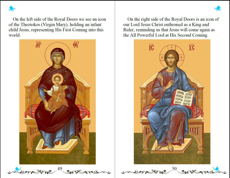 Pode incluir: Dois &iacute;cones religiosos em p&aacute;ginas opostas. O &iacute;cone da esquerda retrata a Virgem Maria segurando o menino Jesus. O &iacute;cone da direita mostra Jesus Cristo entronizado. Ambas as figuras est&atilde;o sentadas em cadeiras ornamentadas sobre um fundo amarelo.