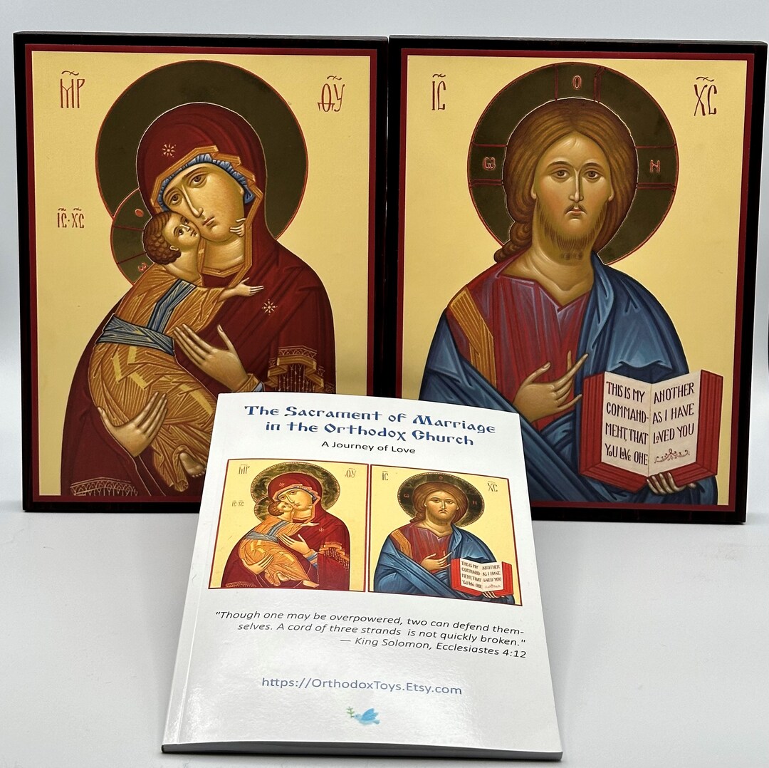 Orthodox Wedding Icon Set: Holy Theotokos Jesus Christ, Red - Main Image