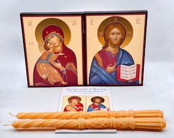 Conjunto de boda ortodoxa: íconos de boda y guía para el sacramento del matrimonio con dos velas (opcional)