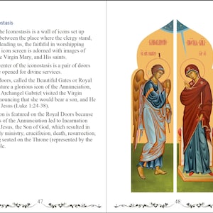 Pode incluir: Uma p&aacute;gina de um livro religioso com uma ilustra&ccedil;&atilde;o de duas figuras. Uma &eacute; um anjo em vestes azuis, a outra uma mulher em vestes vermelhas. O texto descreve o icon&oacute;stase e a Anuncia&ccedil;&atilde;o. P&aacute;gina 48.