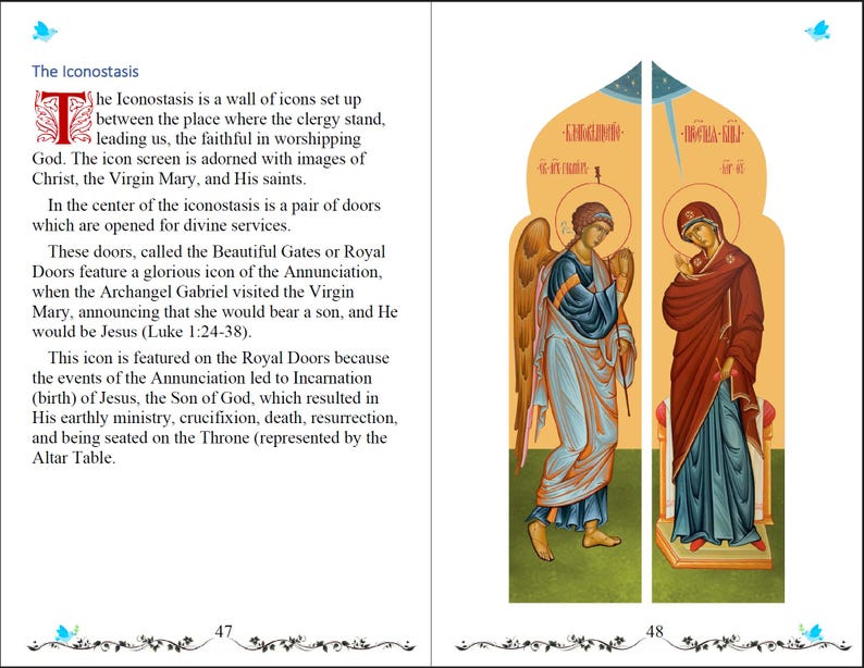 Pode incluir: Uma p&aacute;gina de um livro religioso com uma ilustra&ccedil;&atilde;o de duas figuras. Uma &eacute; um anjo em vestes azuis, a outra uma mulher em vestes vermelhas. O texto descreve o icon&oacute;stase e a Anuncia&ccedil;&atilde;o. P&aacute;gina 48.