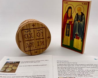 Orthodox Prosphora Stamp with step by step instructions and Icon of St Spiridon and Nicodemus the Prosphora-bakers