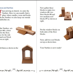Pode incluir: Uma p&aacute;gina de um livro infantil mostrando instru&ccedil;&otilde;es para construir uma estrutura de igreja de madeira. O texto inclui as etapas para montar os blocos, com diagramas do produto final. O texto diz "A Entrada e o N&aacute;rtex".