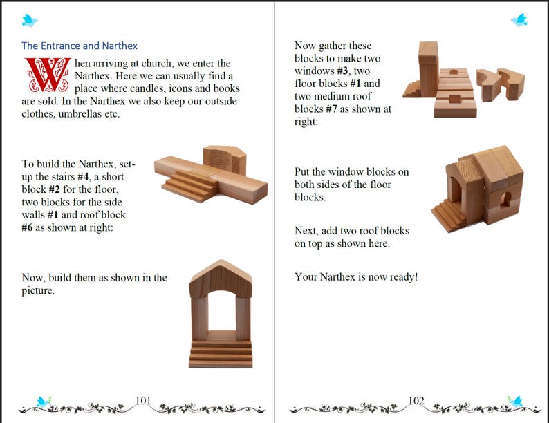 Pode incluir: Uma p&aacute;gina de um livro infantil mostrando instru&ccedil;&otilde;es para construir uma estrutura de igreja de madeira. O texto inclui as etapas para montar os blocos, com diagramas do produto final. O texto diz "A Entrada e o N&aacute;rtex".