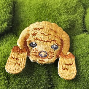 May include: A gold embroidered patch of a brown poodle with its ears flopped down. The patch is on a green mossy background.