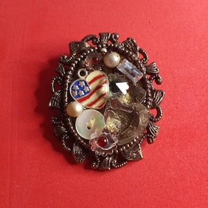 Junk collage jewelry pin,upcycling,recycling,found art,assemblage