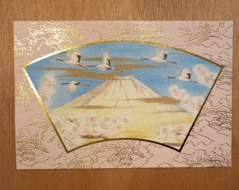 japanese greeting card,blank japanese greeting card,gilded japanese greeting card,mount fuji,fujiyama,cranes,crane,elegant,kawaii,cute,