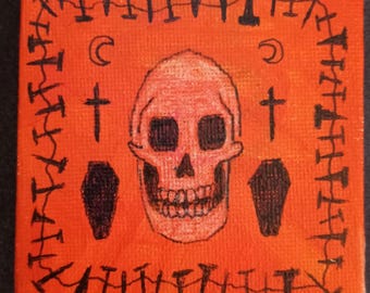 Original Halloween Skull Acrylic Painting, Gothic Coffin Art