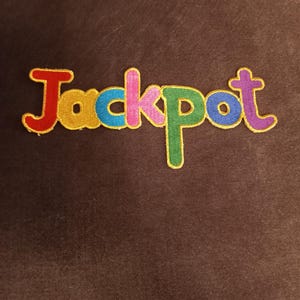 jumbo jackpot patch,casino,gambling,card games,las vegas,applique,sewing,battlejacket,comic sans,sayings,fashion,
