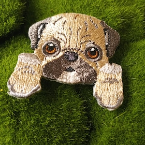 May include: Embroidered patch of a brown pug peeking out from behind its paws. The pug has brown eyes and a black nose.