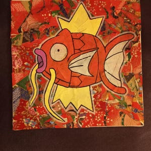Magikarp mixed media collage acrylic painting,pocket monsters,gyarados,water type,fish,icthyologist,carp
