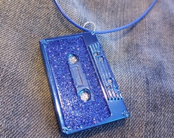 Synthwave Cassette Necklace, Blue Metallic Glitter, 80s Retro