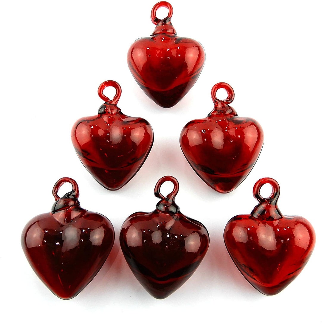 Red Glass Handblown Heart Ornament Set 6 Hearts Paperweight Valentines