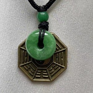 Yin Yang Bagua charm with Green & White Jade Necklace