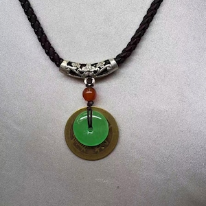 Green Jade Donut with Lucky Brass Coin Necklace