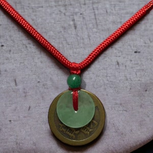 Green Jade Donut with Lucky Brass Coin Necklace