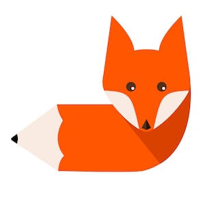 Lindo zorro con un logotipo o ícono de lápiz: formatos digitales ai, eps, svg, png y jpg (ideal para logotipos, imágenes prediseñadas, bordados, arte infantil y más)