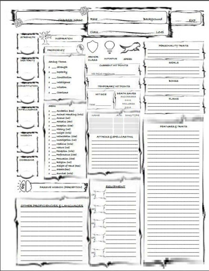 printable dnd character sheet dungeons and dragons character etsy