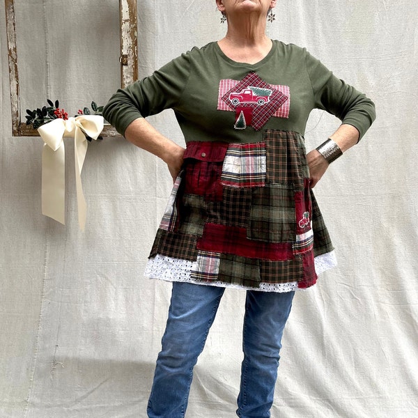 Christmas tunic-top, L - XL, upcycled, green burgundy white, red truck Christmas tree, patchwork plaids, country holiday, vintage crochet