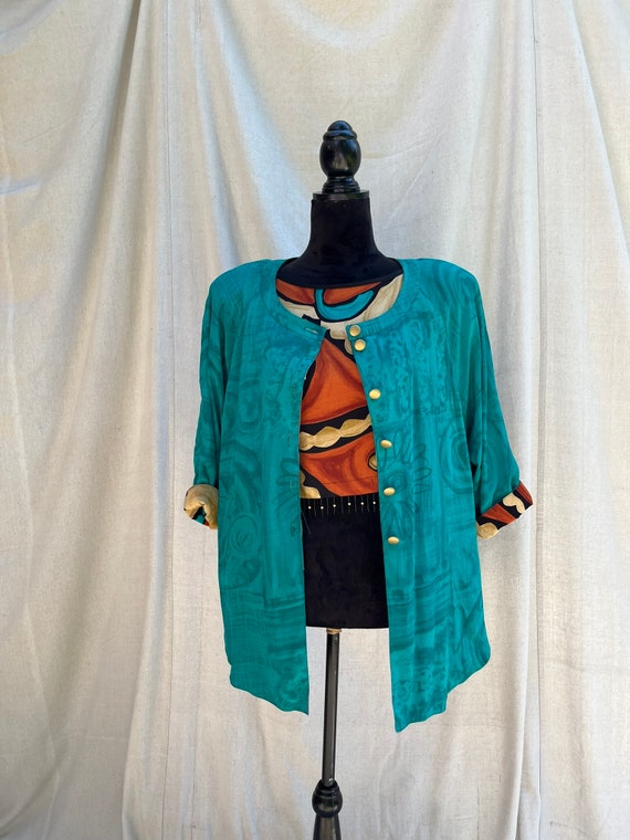 Jacket & blouse, stunning 1980’s, rich teal, gold… - image 1