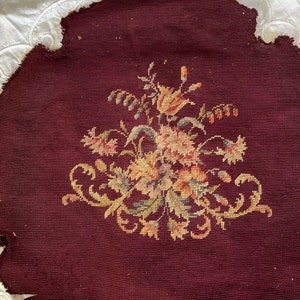 Tapestry mid century, burgundy florals, vintage 1940s, chair seat, wall hanging,