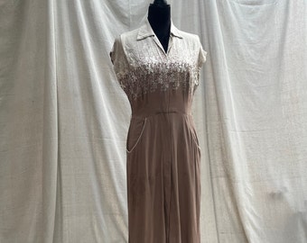 1960s dress, embroidered bodice, ivory cocoa, sheath style