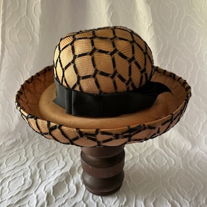 Vintage hat, pre-owned, classic natural straw, black net trim, about 1980