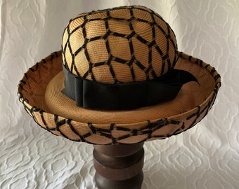 Vintage hat, pre-owned, classic natural straw, black net trim, about 1980