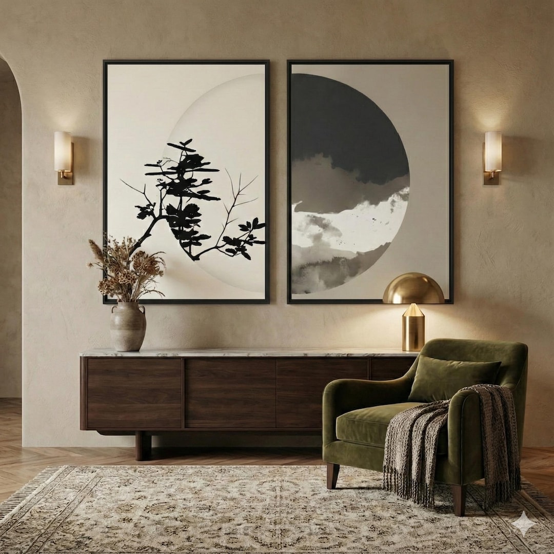 Minimalist Ink Tree Moon Wall Art Set, 32x48 Split Framed Canvas Prints ...