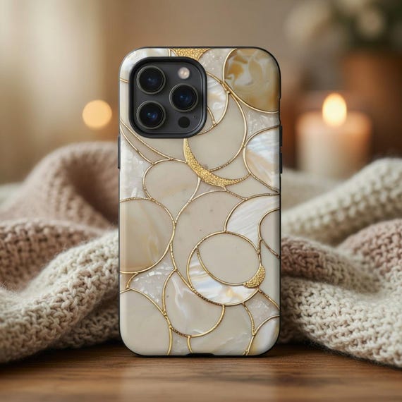 Luxury Neutral Phone Case, Beige Aesthetic iPhone Case, MagSafe Tough Case with Gold Marble Circles, Minimal iPhone 14 15 16 17 Pro Max