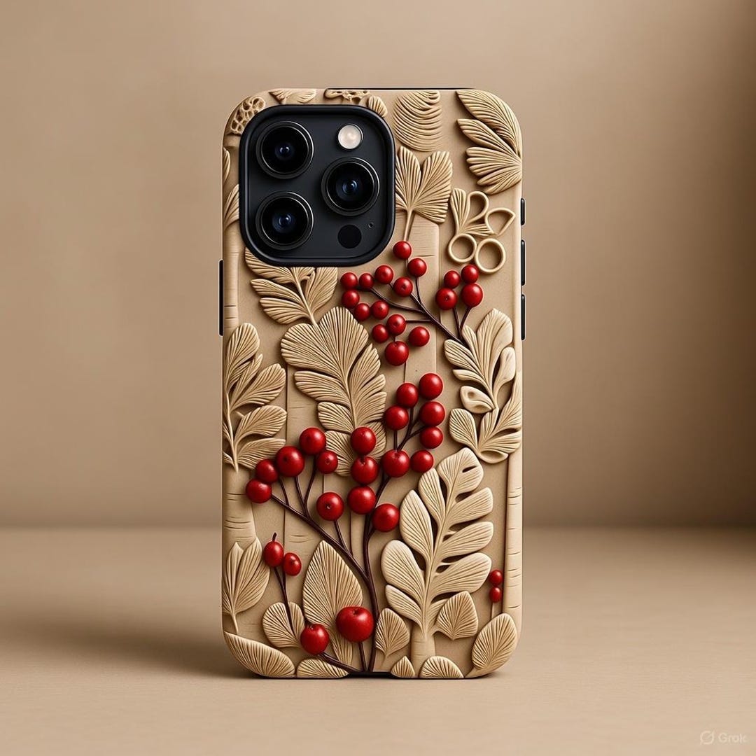 3D Red Berry Botanical Tough Phone Case, Carved Leaf Floral iPhone ...