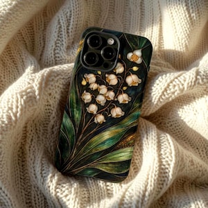 Luxury White Lily of the Valley Tough Ultra Protective Phone Case, Dark Green Botanical Luxury Cover for iPhone 17 16 15 14 Pro Max Pixel