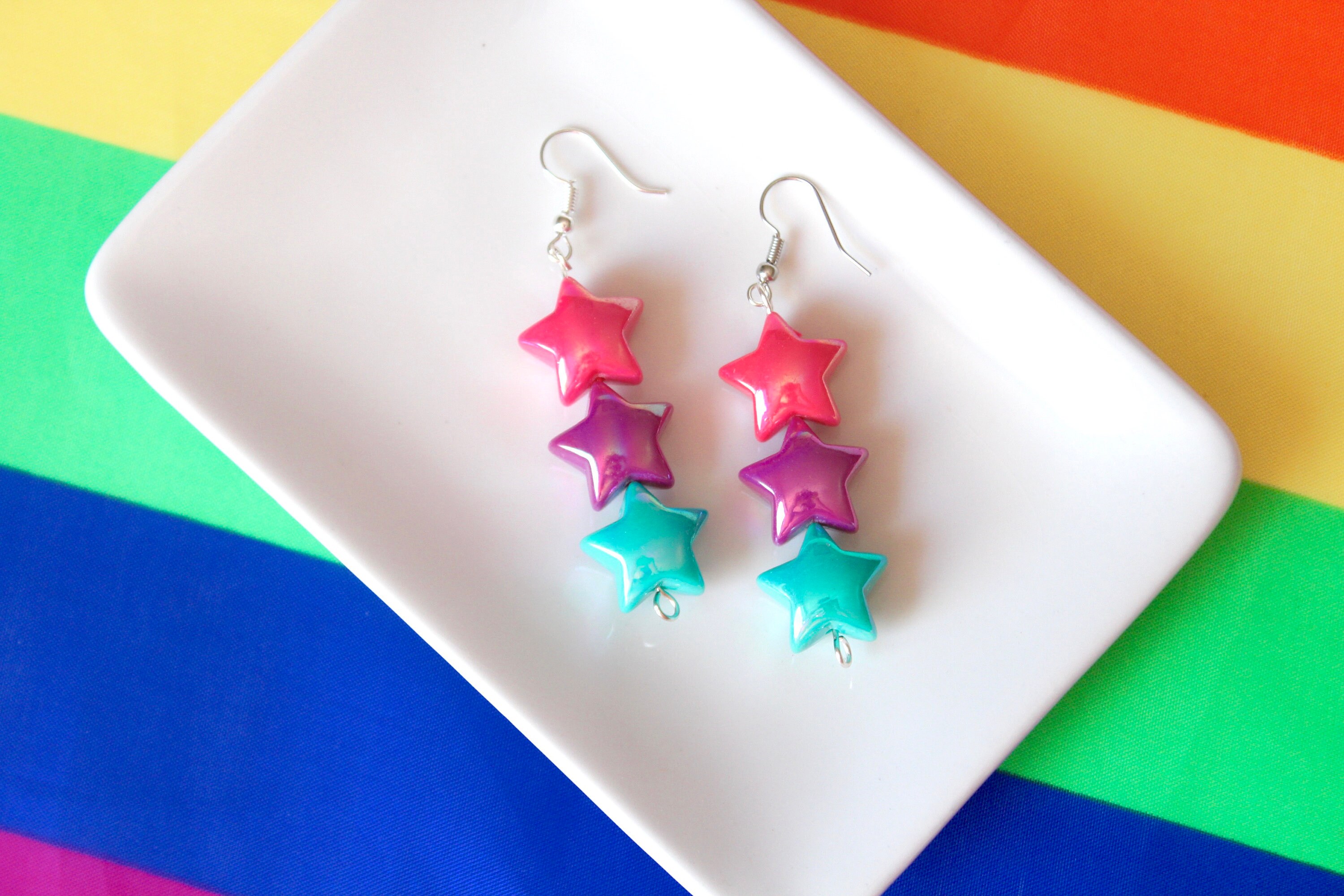 LGBTQ+ Pride Jewelry Bisexual Pride Star Beaded Dangle Earrings Pink Purple Blue Bi Flag Star Drop Earrings Bi Queer Pride Jewelry